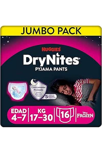 Huggies DryNites Pyjama Pants, 4-7 years, Bed Wetting Diaper, Girls, 17-30 kg, Jumbo Pack, 16 Pants