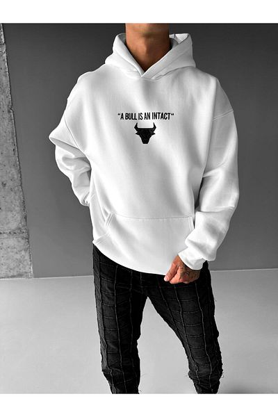 ablukaonline Ανδρικό Oversize Bull Printed Hoodie Λευκό
