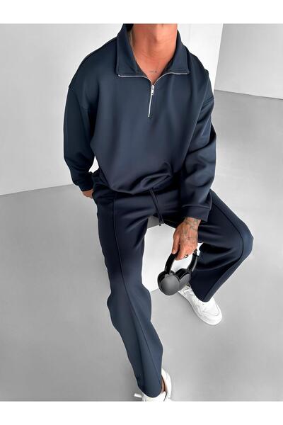 ablukaonline Ανδρικό φούτερ Oversize με μισό φερμουάρ, ελαστικό μπλε Navy