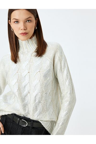 Koton Stand Collar Hair Knit Textured Long Sleeve Metallic Look Knitwear Sweater