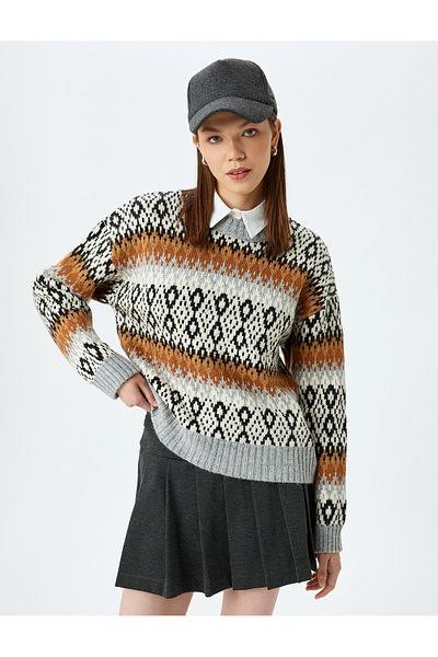 Koton Crew Neck Comfortable Fit Long Sleeve Multicolor Ethnic Sweater