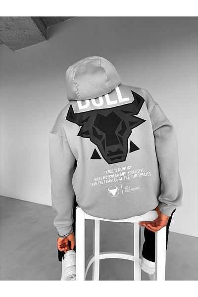 ablukaonline Gray Unisex Oversize Bull Printed Hoodie