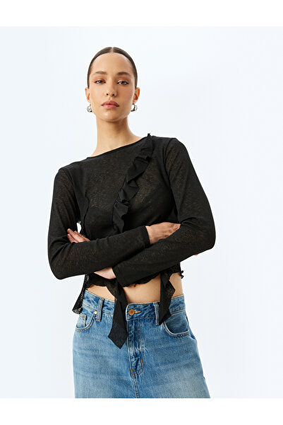 Koton Tricou cu mânecă lungă, cu decolteu, semi-transparent, cu volan asimetric