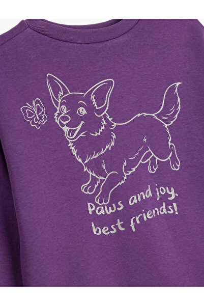 Koton Sweatshirt Köpek Baskılı Uzun Kollu Bisiklet Yaka Şardonlu