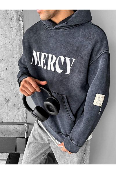 ablukaonline Men's Black Oversize Hooded Cotton Sweatshirt - Printed