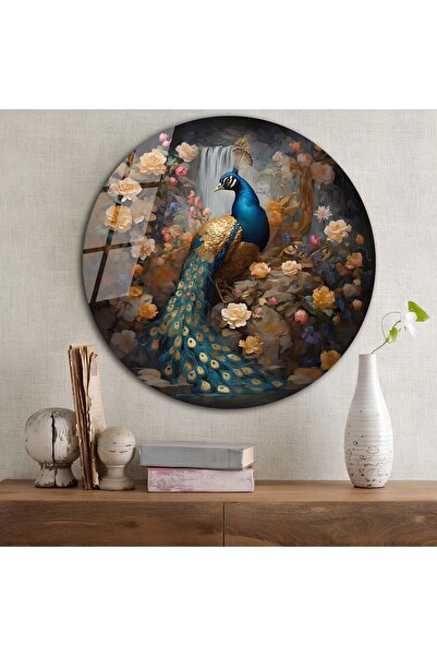 bestdecor Tavus Kuşu Yuvarlak Cam Tablo | Hediyelik, Dekoratif, Ofis, Mutfak, 4