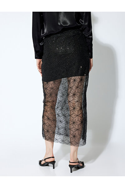 Koton Taşlı Astarlı Slim Fit Midi Boy Kalem Tül Etek