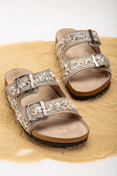 Hayalimdeki Ayakkabı Beti Beige Suede Double Strap Slippers