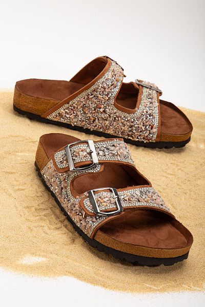 Hayalimdeki Ayakkabı Tan Suede Beti Double Striped Slippers