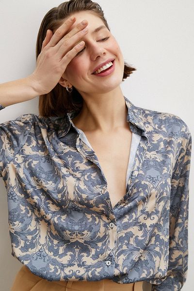 Never more Shawl Patterned V-Neck Shirt Turquoise