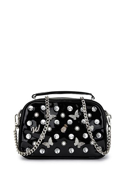 Tamer Tanca Women Vegan Black Patent Leather Shoulder Bag