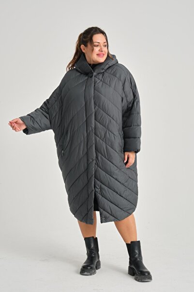 della moor Women's Petrol Blue Hooded Elastic Oversize Quilted Long Coat