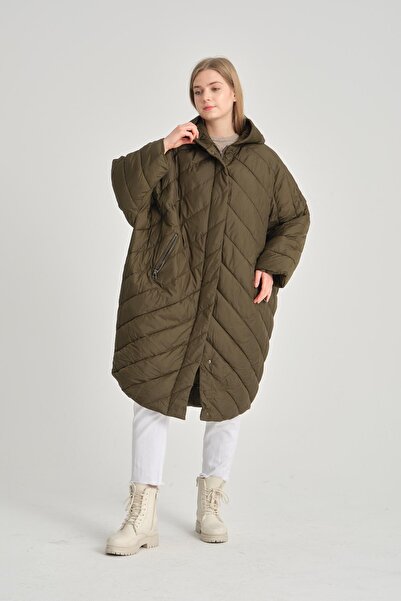 della moor Women's Khaki Hooded Elastic Oversize Quilted Long Coat