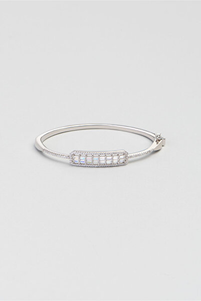 So CHIC... Baget Taşlı 18 Ayar Beyaz Altın Kaplama Gümüş Kelepçe Bileklik