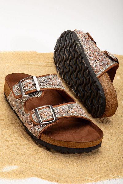 Hayalimdeki Ayakkabı Tan Suede Beti Double Striped Slippers