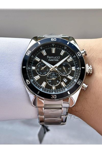 Ferrucci Men's Silver Black /Functions Metal Band Wristwatch with Active Calendar - Double Watch Display