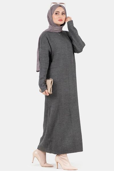 Bestenur Anthracite Corded Knitwear Dress - 749