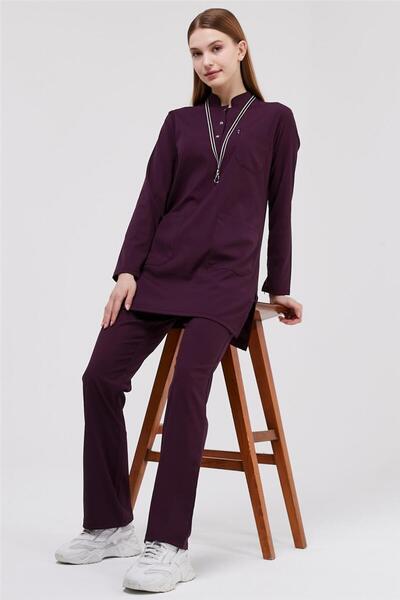 Çatı Medikal Happiness Modest - Likralı Doktor Hemşire Tesettür Forma Takımı Scrubs Üniforma Cerrahi Takım, Mürdü