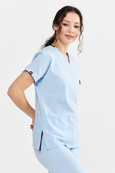 Çatı Medikal Ice Blue Ultralycra Spaniard - Lycra Doctor Nurse Scrubs Tricou chirurgical unic (FEMEI)