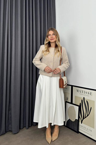 Sue Store Taş Rengi İnci DÜğmeli Astarlı Tüylü Premium Ceket