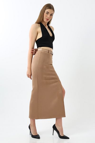 Gugus Fusta de damă din piele intoarsa, model trendy, cu centura lunga, inchidere cu fermoar, fante, lungime maxi, 92 cm