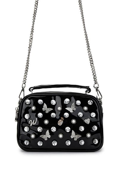 Tamer Tanca Women Vegan Black Patent Leather Shoulder Bag