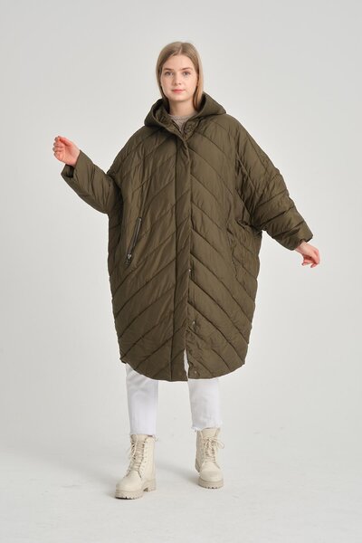 della moor Women's Khaki Hooded Elastic Oversize Quilted Long Coat
