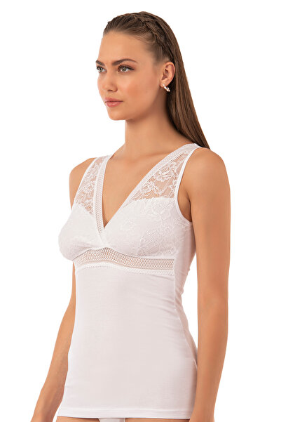 ÖZKAN underwear Özkan 25359 Women's Cotton Single Jersey Flexible Comfortable Soft V-Neck Lace Detailed Thick Strap Undershirt