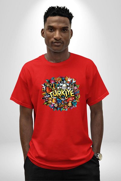 Angemiel Turkey Special Characters Cotton Crew Neck Women Men Oversize Boyfriend Digital Printed Red