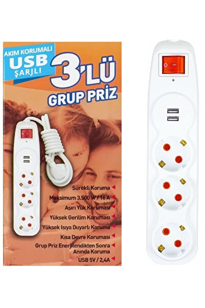 Depolife Voltaj Akım Korumalı 3lü Grup Priz Çocuk Koruma 2'li Usb Şarj 1,5 Mt Uzatma Kablolu Işıklı Anahtarlı