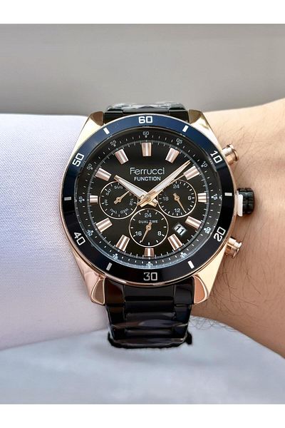 Ferrucci Men's Black Rose Functions Metal Band Wristwatch with Active Calendar - Dual Watch Display