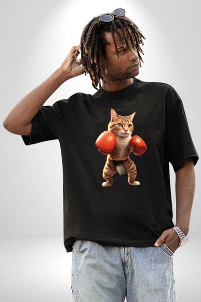 Angemiel Boxing Cat Cotton Crew Neck Women Men Oversize Boyfriend Digital Printed Black T-shirt