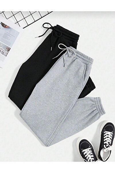Verivay Διπλό Jogger Sweatpants-μαύρο και γκρι λαστιχένιο ψηλόμεσο παντελόνι
