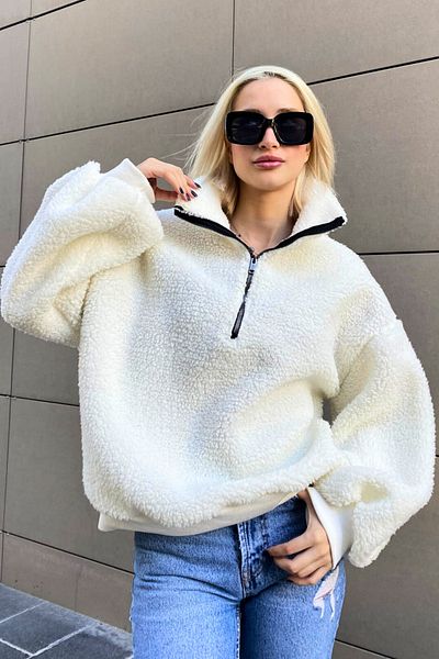 Madmext Weißes Plüsch-Sweatshirt mit Reißverschlusskragen MG1413