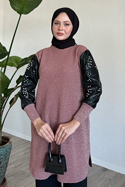 InStyle Πλεκτό χιτώνα Dusty Rose με δερμάτινα μανίκια Glitter