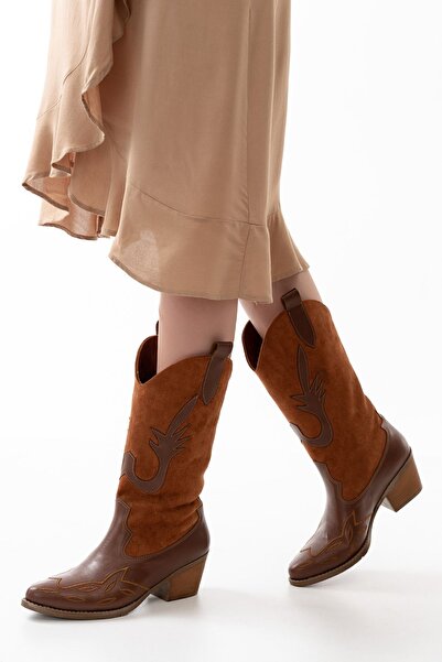 Ms Sugar Γυναικείες μπότες Western - Tan Suede Leather, Κεντημένο σχέδιο