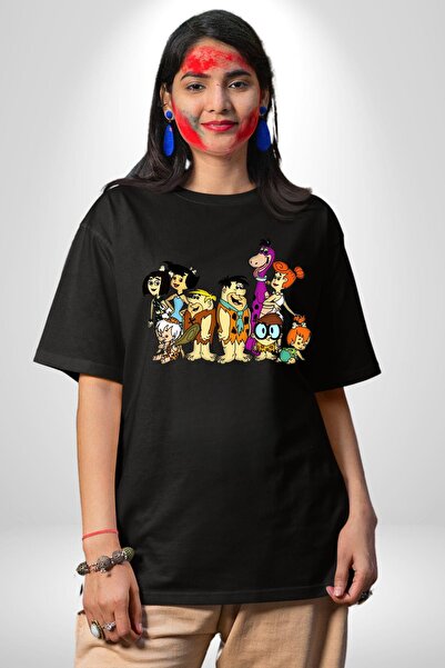 Angemiel Tricou negru din bumbac din epoca de piatră, cu decolteu rotund, fem...