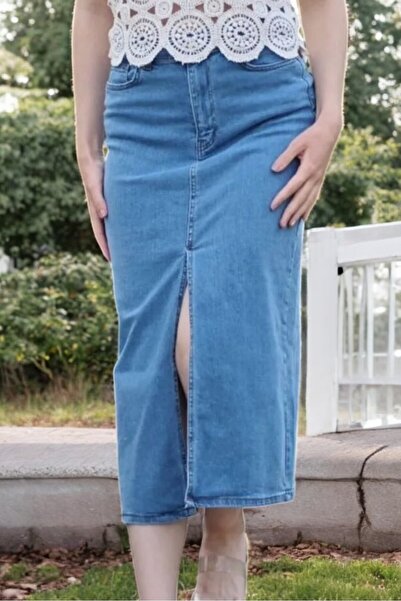 yagmurberen Full Likralı Önden Yırtmaçlı Cepli Kadın Kot Etek Maxı