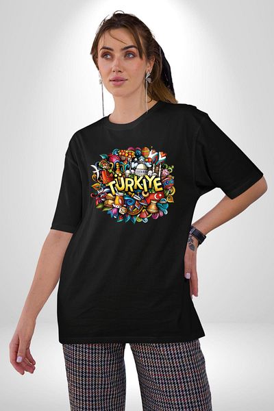 Angemiel Turkey Special Characters Cotton Crew Neck Women Men Oversize Boyfriend Digital Printed Black