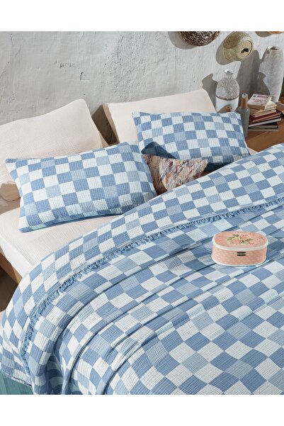 destinyhometex Damalı Desen 4 Katlı Multi Muslin %100 Pamuk Tek Kişillik Yatak Örtüsü 160x240cm