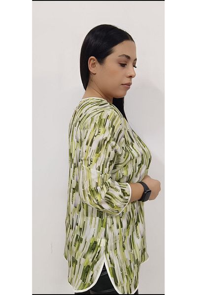 AKŞEN GİYİM Γυναικεία μπλούζα μεγάλου μεγέθους Moss Crepe Πανί Πράσινο Χρώμα Μαμά μπλούζα με μανίκια τριών τετάρτων