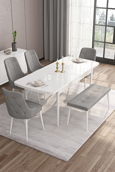 Canisa Are Serisi 80x132 Mdf Açılabilir Beyaz Masa Takımı 4 Gri Sandalye Ve 1 Bench