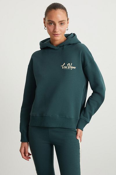 GRIMELANGE LANE Damen-Sweatshirt mit Fleece-Innenseite, bedruckt, detailliert, entspannte Passform, Kapuze, Kängurutasche, Grün