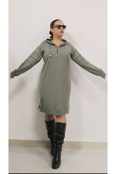 AKŞEN GİYİM LARGE SIZE CORRUGATED WOVEN WOVEN HOODED EMBROIDERED 97 CM SIZE ARMS GRASS PATTERN TUNIC