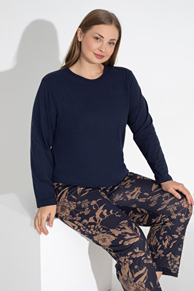 ModaLeaf Lacivert Renkli Uzun Kollu Çiçek Desenli Pijama Takımı 100