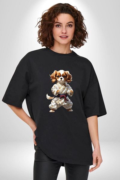 Angemiel Cavailer King Charles Spaniel Karate Cotton Crew Neck Women Men Oversize Boyfriend Digital Ba