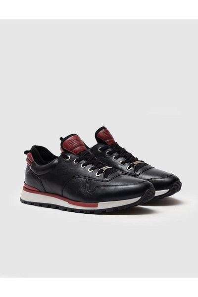Cabani Genuine Leather Claret Red Color Detailed Lace Up Black Men's Sports Shoes