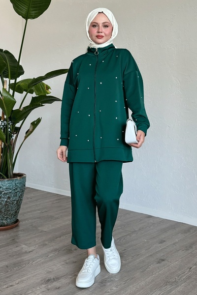 InStyle Stone Detailed Zippered Emerald Green Scuba Set