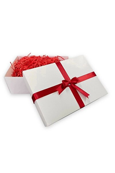 HEDİYEDİYE Kırmızı Kurdeleli Büyük Boy Beyaz Hediye Kutusu Boş
