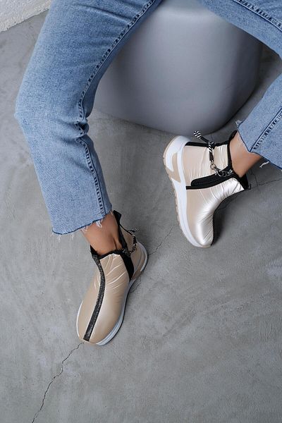 Beyond Women's Shiny Beige Boots - Stone Detailed, Double Zipper, Waterproof Parachute Model 4cm Byndevv01